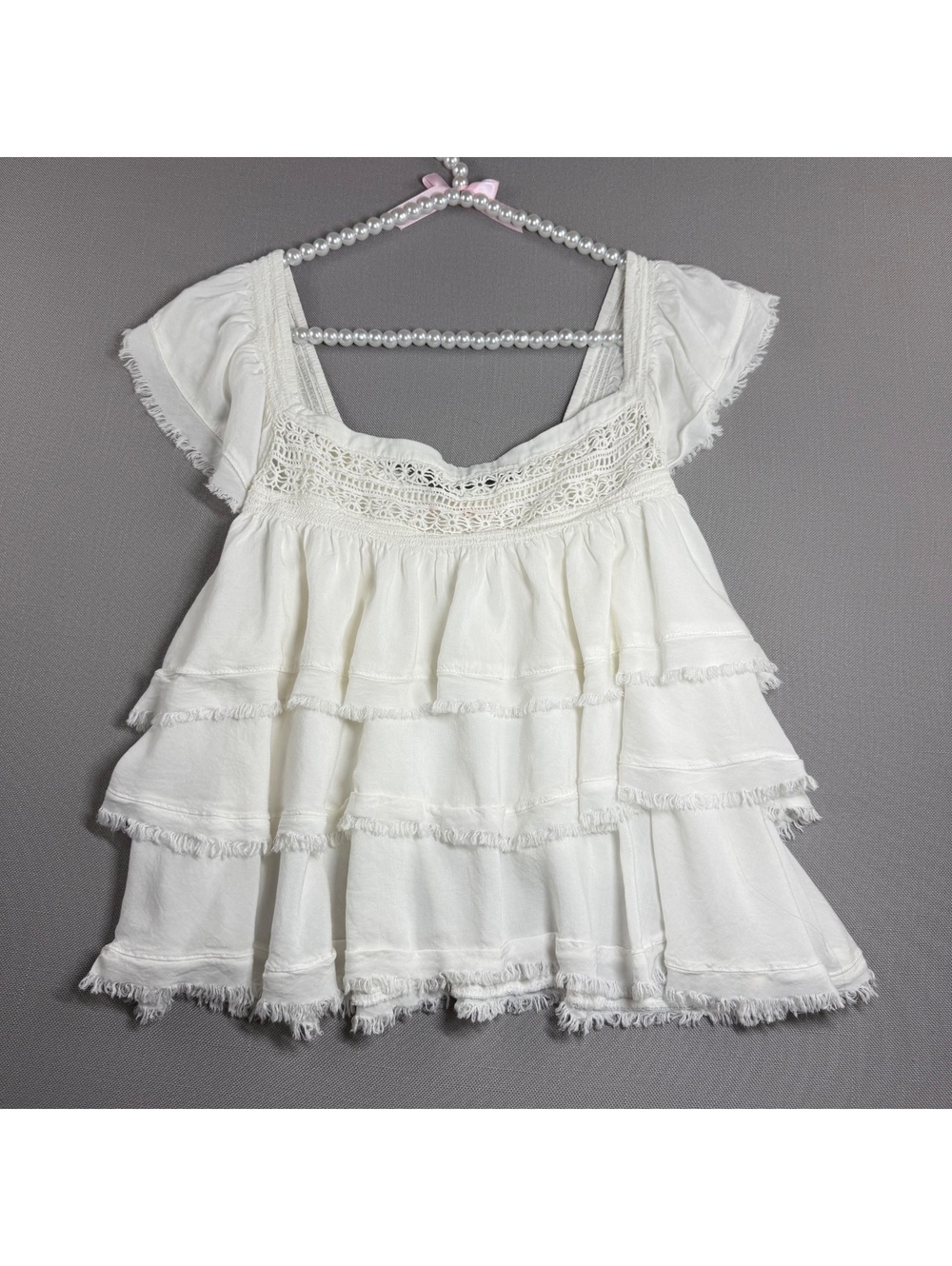 Mi Ami White Ruffle Tiered Crochet Babydoll Boho Blouse Top Size L Raw Hem
